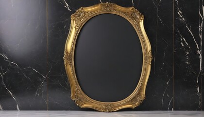 Oval elegant gold frame on a black marble wall and a white marble floor 