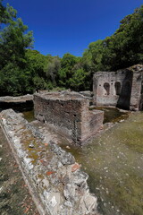 Fototapeta na wymiar Apsidal eastern end of the nymphaeum building in the Gymnasium complex, Butrint archaeological site. Sarande-Albania-147