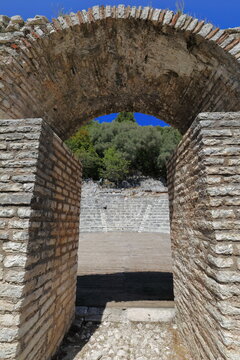 Round arch of the Hellenistic theatre proscenium dated in the mid-3rd.century BC, Butrint archaeological site. Vlore county-Albania-145