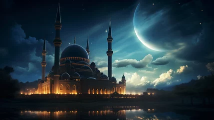 Washable wall murals Half Dome Night mosque, half moon or crescent. Ramadan majestic landscape, islamic holiday.