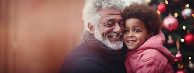 gray haired Caucasian grandfather with a beard hugs his African American grandson against the background of Christmas tree with balls for Christmas and New Year,diverse ethnic families,Generated AI - obrazy, fototapety, plakaty