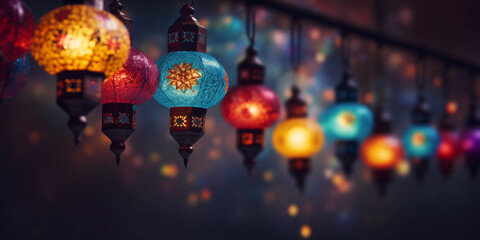 Islamic colorful lanterns hanging from the ceiling in a row. Colorful lamps, traditional turkish chandelier. - obrazy, fototapety, plakaty