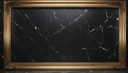 Empty gold frame on black marble wall background 