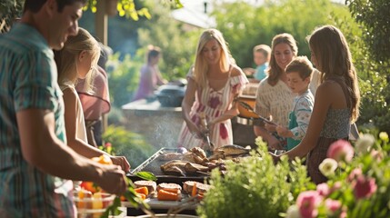 Naklejka na ściany i meble A family is barbecuing in the backyard during a garden party, grilling meat and vegetables, with many friends gathered in the background.