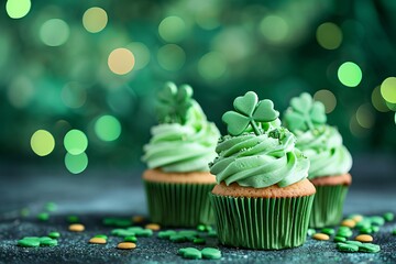 Delicious Saint Patrick’s day green cupcake on a green blurred background with copy space for text - obrazy, fototapety, plakaty