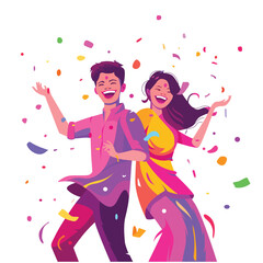 Fototapeta na wymiar Dancing couple, young man and woman vector illustration. Happy Holi celebration