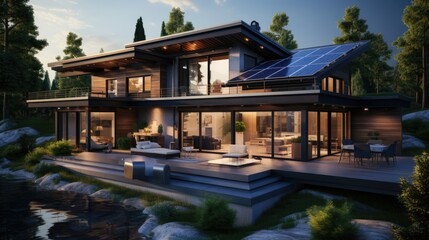 Obraz premium Modern home with solar panels on roof, poolside lounging area, and green lawn under blue sky.