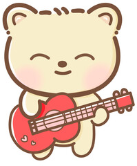 Hand drawn doodle cartoon style illustration of cute kawaii yellow bear for Valentines day with the heart and love theme red for greeting cards