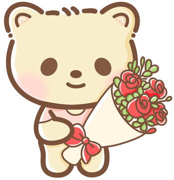 Hand drawn doodle cartoon style illustration of cute kawaii yellow bear for Valentines day with the heart and love theme red for greeting cards with bouquet of roses