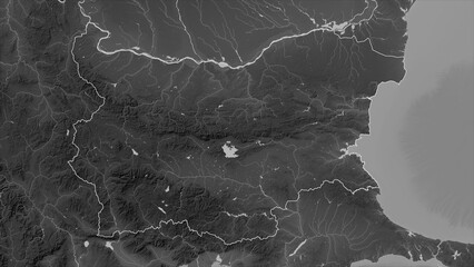 Bulgaria outlined. Grayscale elevation map - obrazy, fototapety, plakaty