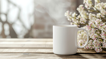 Coffee cup and spring blossom on wooden table - obrazy, fototapety, plakaty