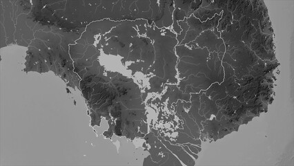Cambodia outlined. Grayscale elevation map