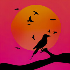 Fototapeta premium evening sunset sky with sun and clouds in red tones, silhouettes of birds flying over the water