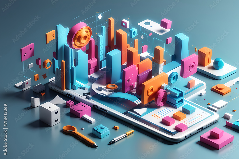 Poster 3d hands building application design, ui and ux design concept. abstract icons floating around the s