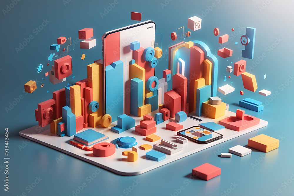 Poster 3d hands building application design, ui and ux design concept. abstract icons floating around the s