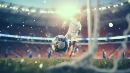 A soccer ball flies into the goal, hits the post, the goalkeeper does not have time to catch the ball, a close-up goal, a football match at the stadium, a sports match, a football tournament - obrazy, fototapety, plakaty