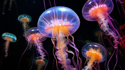 Naklejka premium A cluster of colorful jellyfish shining in the depths of ocean waters, jellyfish illuminated by neon light, shimmering with all the colors of the rainbow