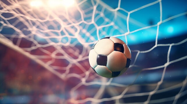 Soccer ball in the net, close-up goal, football game, sports match, football tournament