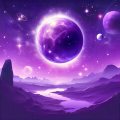 A purple sky, with stars and planets, that creates a cosmic and mystical atmosphere, that inspires curiosity and wonder, and the awareness of the vastness and complexity of the universe.