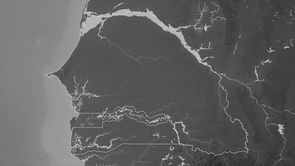 Senegal outlined. Grayscale elevation map © zelwanka