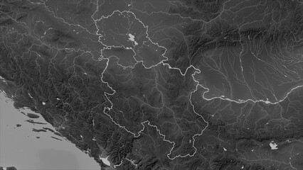 Serbia outlined. Grayscale elevation map