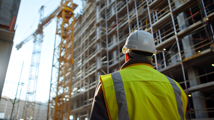 Construction site dynamics: worker overseeing crane operation under clear blue sky