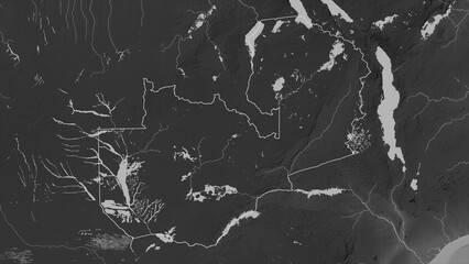 Zambia outlined. Grayscale elevation map - obrazy, fototapety, plakaty