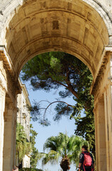 Romantic backstreet, side street or alleys in historic old town of Corfu Island, Greece with...
