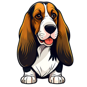 cartoon basset hound dog puppy breed, vector illustration, logo icon tattoo, head / face / full body art, isolated on white background, transparent PNG