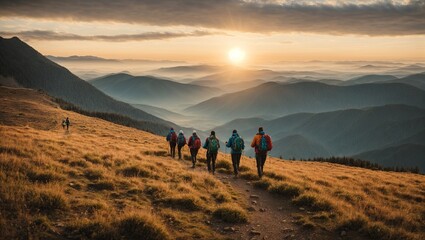 A Group of hikers walks in mountains at sunset