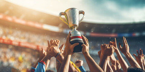The Champions Cup or Winners Cup in male hands against the of the grandstand stadium background. The team celebrates winning the competition