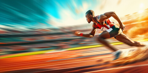 Afro American athlete runner sprinter running in motion blur on racetrack. Copy space