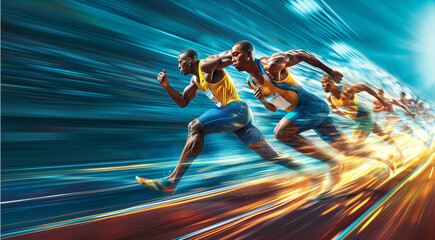 Afro American athlete runner sprinter running in motion blur on racetrack. Copy space