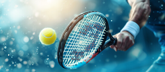 Close-up of muscular arms holding a tennis racket and hitting the ball. Banner championship tennis - Powered by Adobe