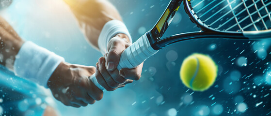 Close-up of muscular arms holding a tennis racket and hitting the ball. Banner championship tennis