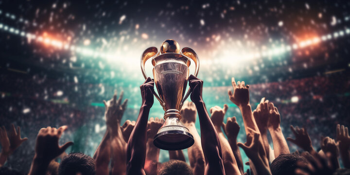 The Champions Cup or Winners Cup in male hands against the of the grandstand stadium background. The team celebrates winning the competition