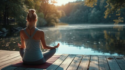 Woman doing yoga on a lake, meditating, relaxing atmosphere with mountains view