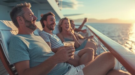 Happy friends enjoying time on the ship cruise - 713415407