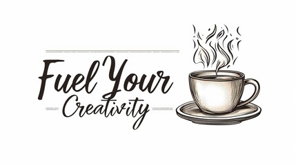 Artistic line drawing of a steaming coffee cup with the encouraging phrase Fuel Your Creativity, ideal for creative inspiration