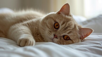 British beige cat laying on the bed - 713415432