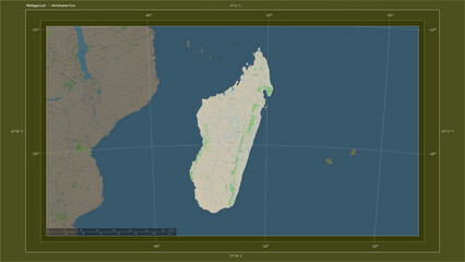 Madagascar composition. OSM Topographic standard style map
