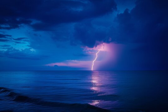 Stylized image of a lightning bolt over a calm ocean at twilight