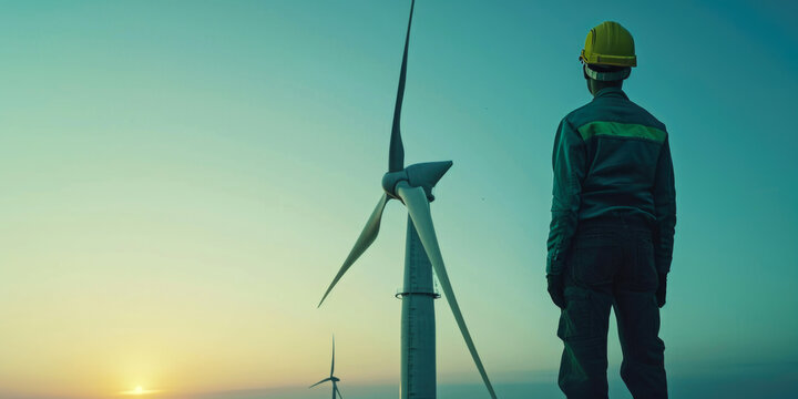 Renewable Energy: Technician Overlooking Wind Turbines at Sunset
