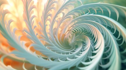 Spiraling 3D soft colors of fern fronds in extreme close-up, capturing the flowing grace and tranquility of their circular dance.