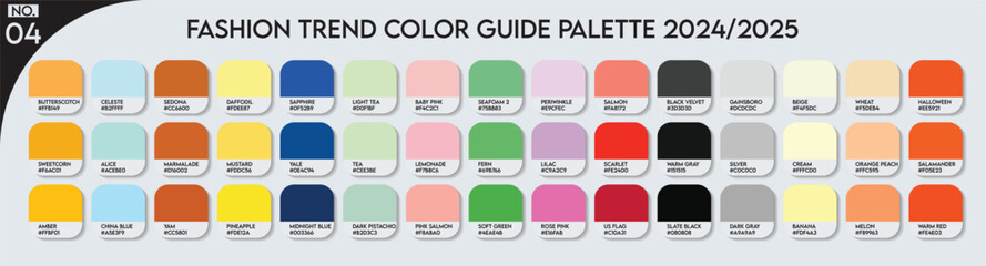 Fashion Trend Color guide palette 2024-25 no.04. An example of a color palette vector. Forecast of the future color. color palette for fashion designers, business, garments, and paints colors company