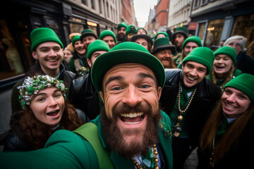 Group of friends taking a selfie on the street celebrating St. Patrick's Day. Generative AI - obrazy, fototapety, plakaty