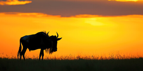 Silhouette of a Wildebeest Grazing at Sunset on the Savannah