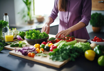 Woman cutting different vegetables in the kitchen