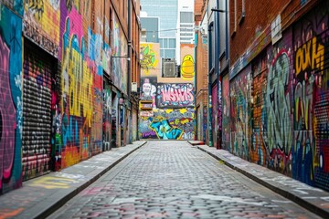 Vibrant graffiti art covering an entire alleyway, creating an urban open-air gallery