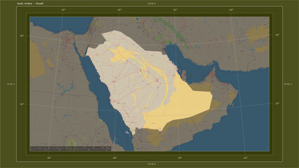 Saudi Arabia composition. OSM Topographic standard style map